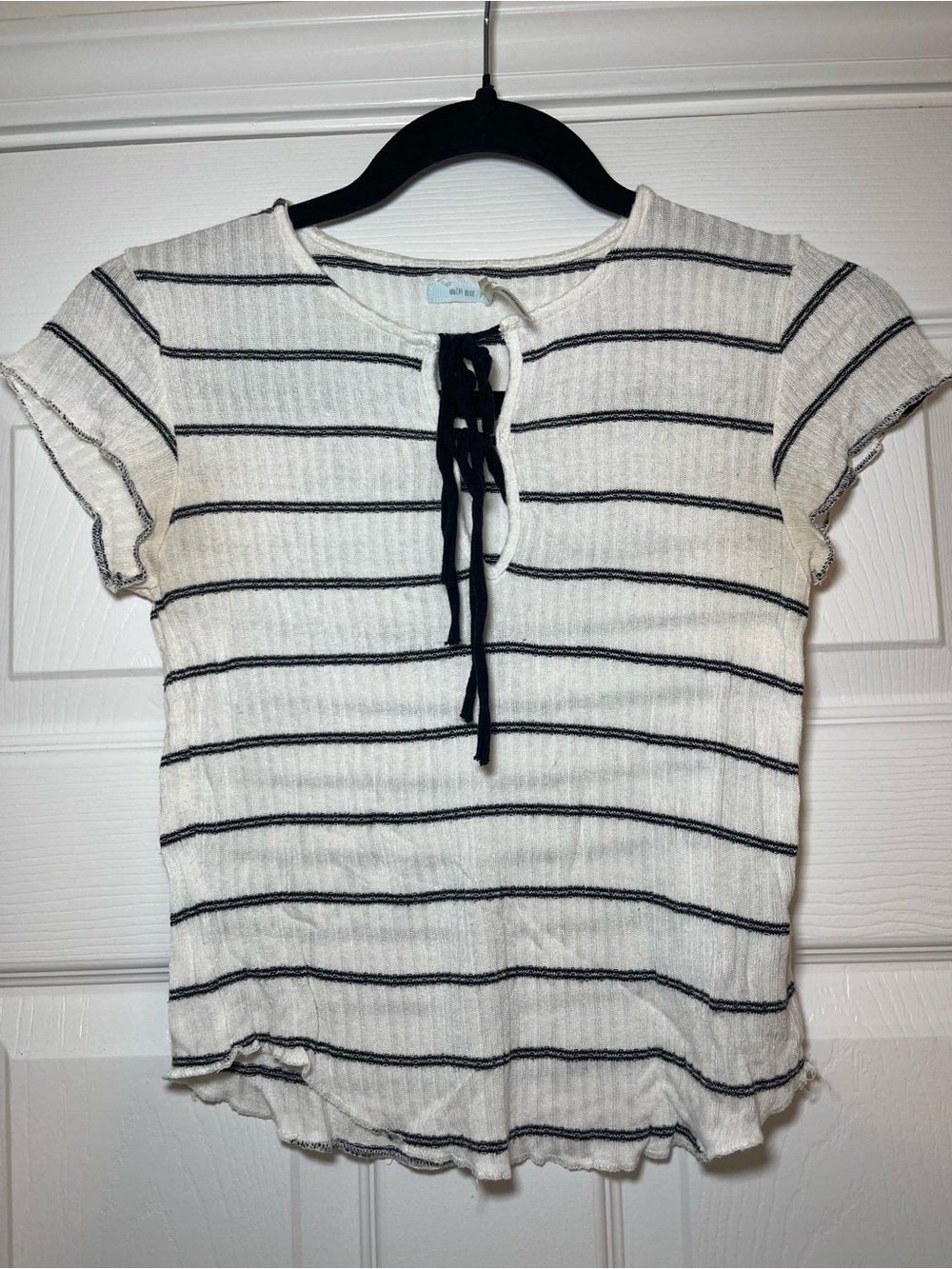 Kimchi Blue Cream and Black Striped Lace-Up Short Sleeve Top